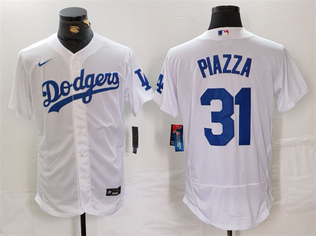 Los Angeles Dodgers #31 Mike Piazza White Flex Base Stitched Jersey - Click Image to Close